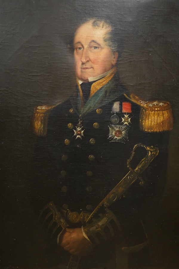 Mid 19th century, British School, oil on canvas, Portrait of Vice Admiral Sir William Augustus Montague (1785-1852), applied plaque to the frame with accompanying paperwork, 125 x 99cm. Condition - fair to good, craquelu